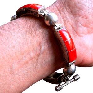 Vintage Taxco Mexico 925 Sterling Silver Red Jasper Inlay Toggle Bracelet 7.5"